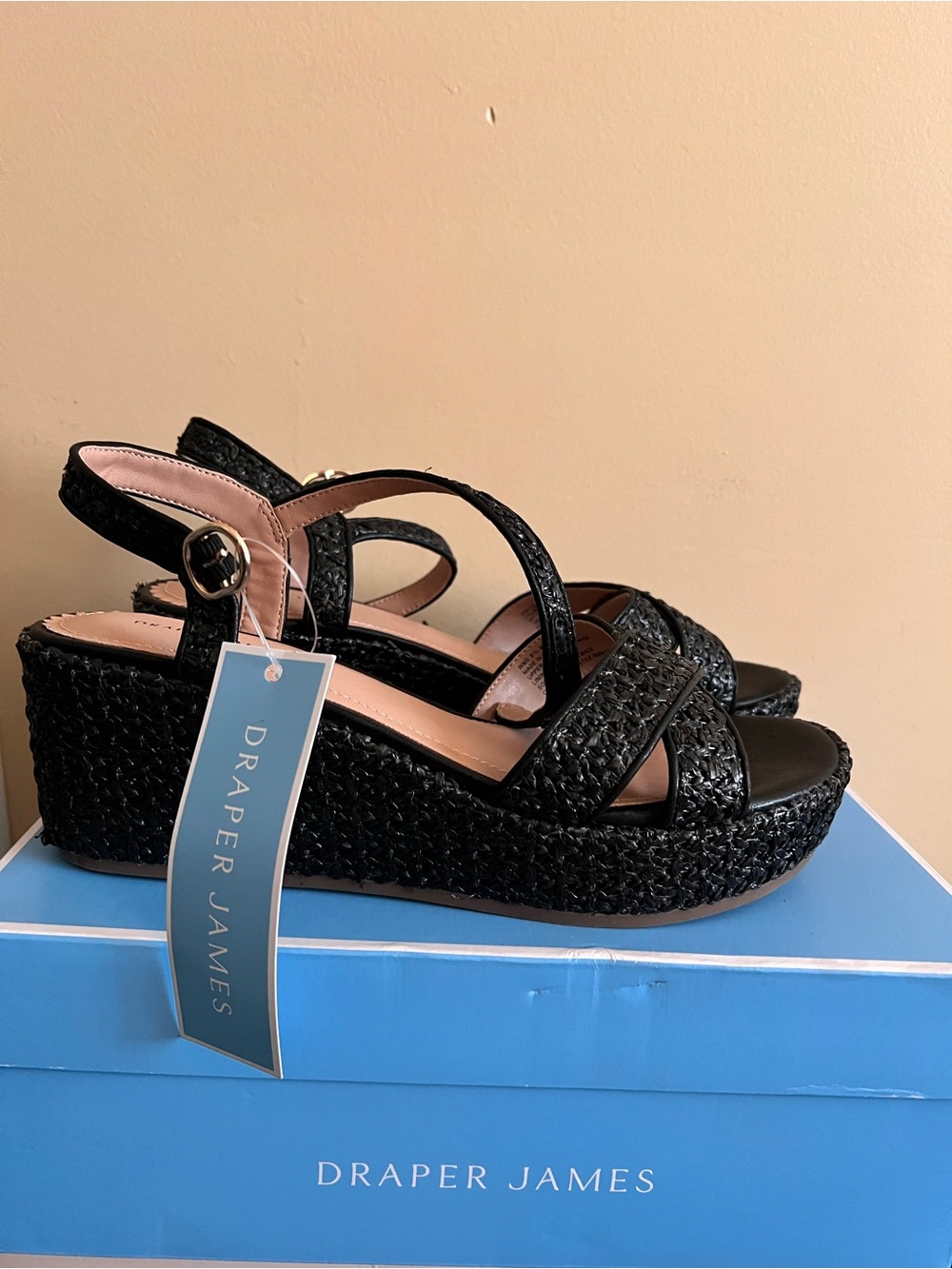 Draper James Black Woven Platform Wedge Sandals with Ankle Strap